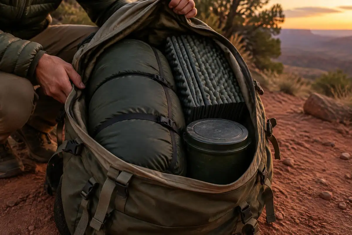 Large pack packed full with a thick sleeping bag and food canister at camp