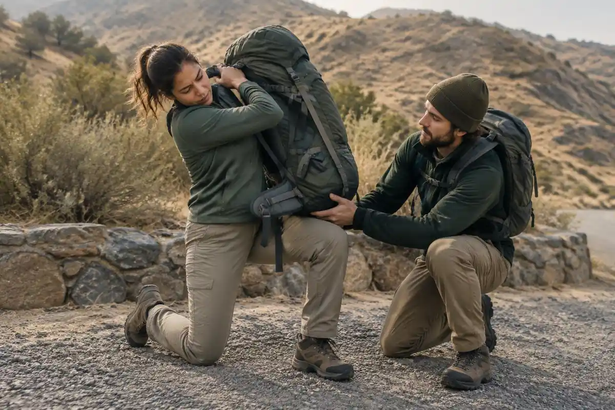 Trekker heaving a huge pack up onto his back with a partner spotting