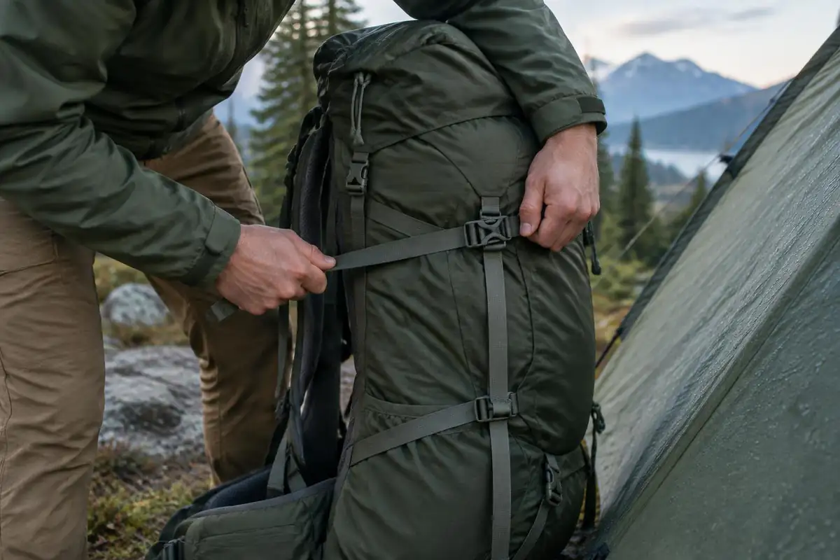 Hands pulling compression straps tight to shrink a big pack's profile