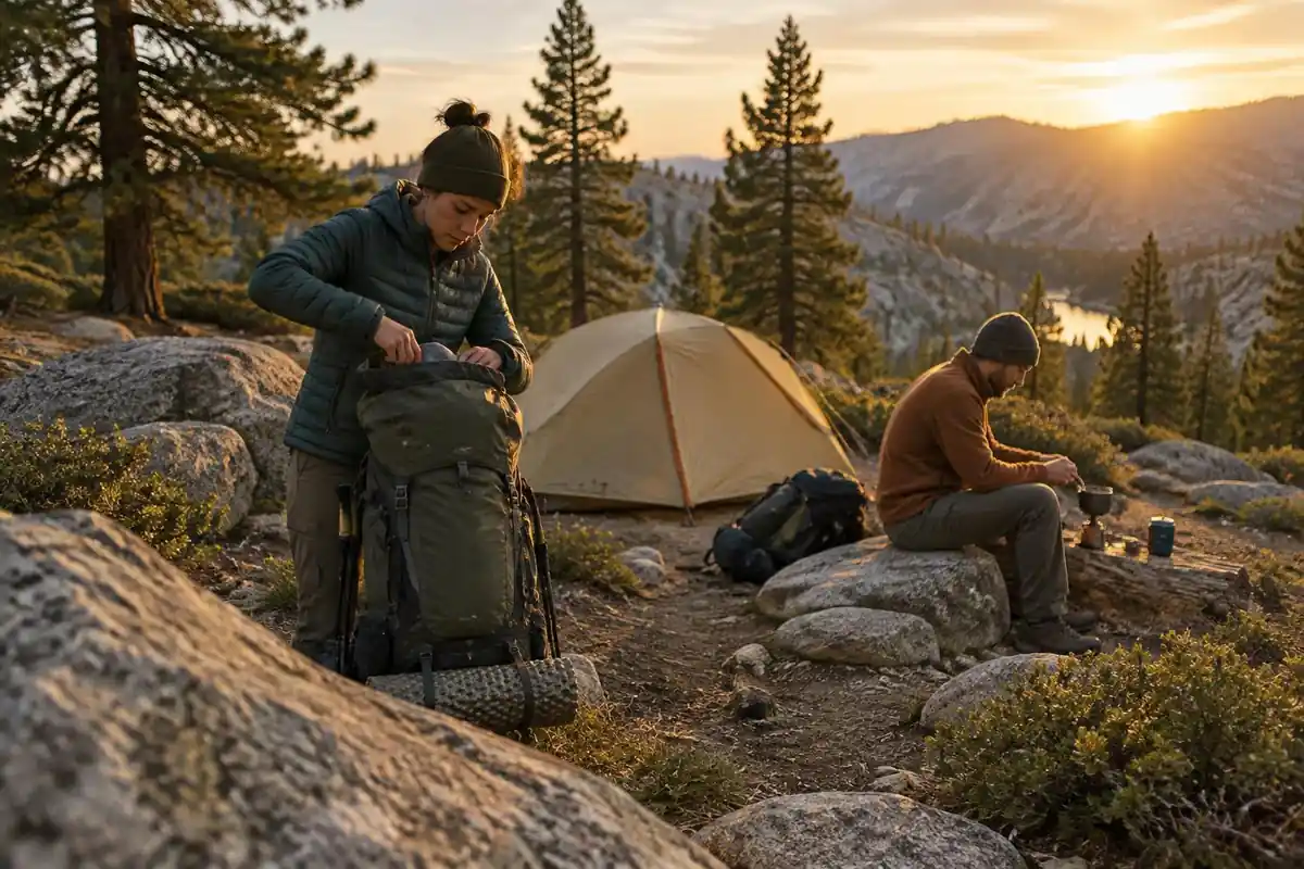 Backpackers unpacking from the top of a tall pack at a cliff-side camp