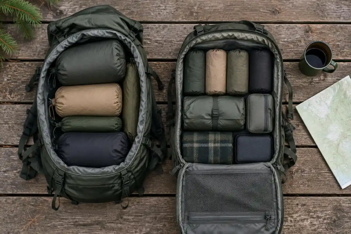 Two packs open, one from the top and one from the front, on a wooden deck