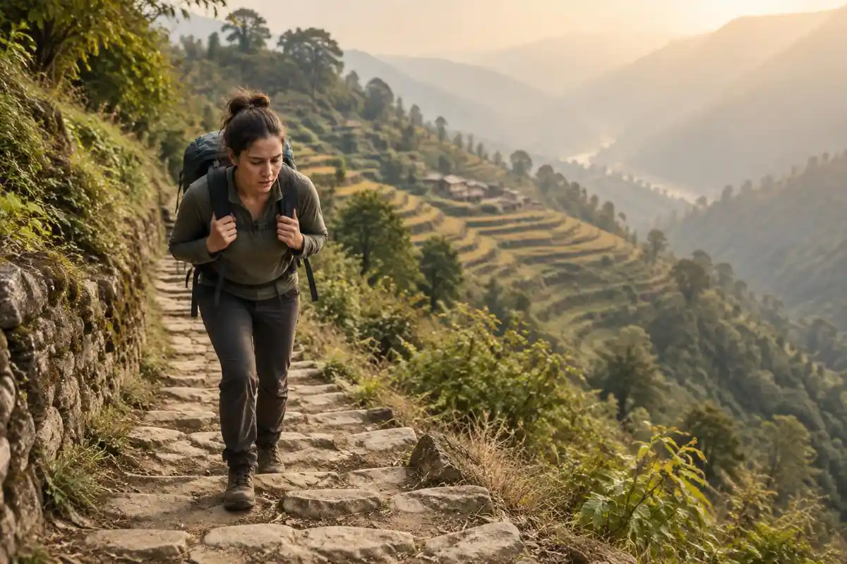 Tired hiker with hands on shoulder straps pausing on a steep stair path