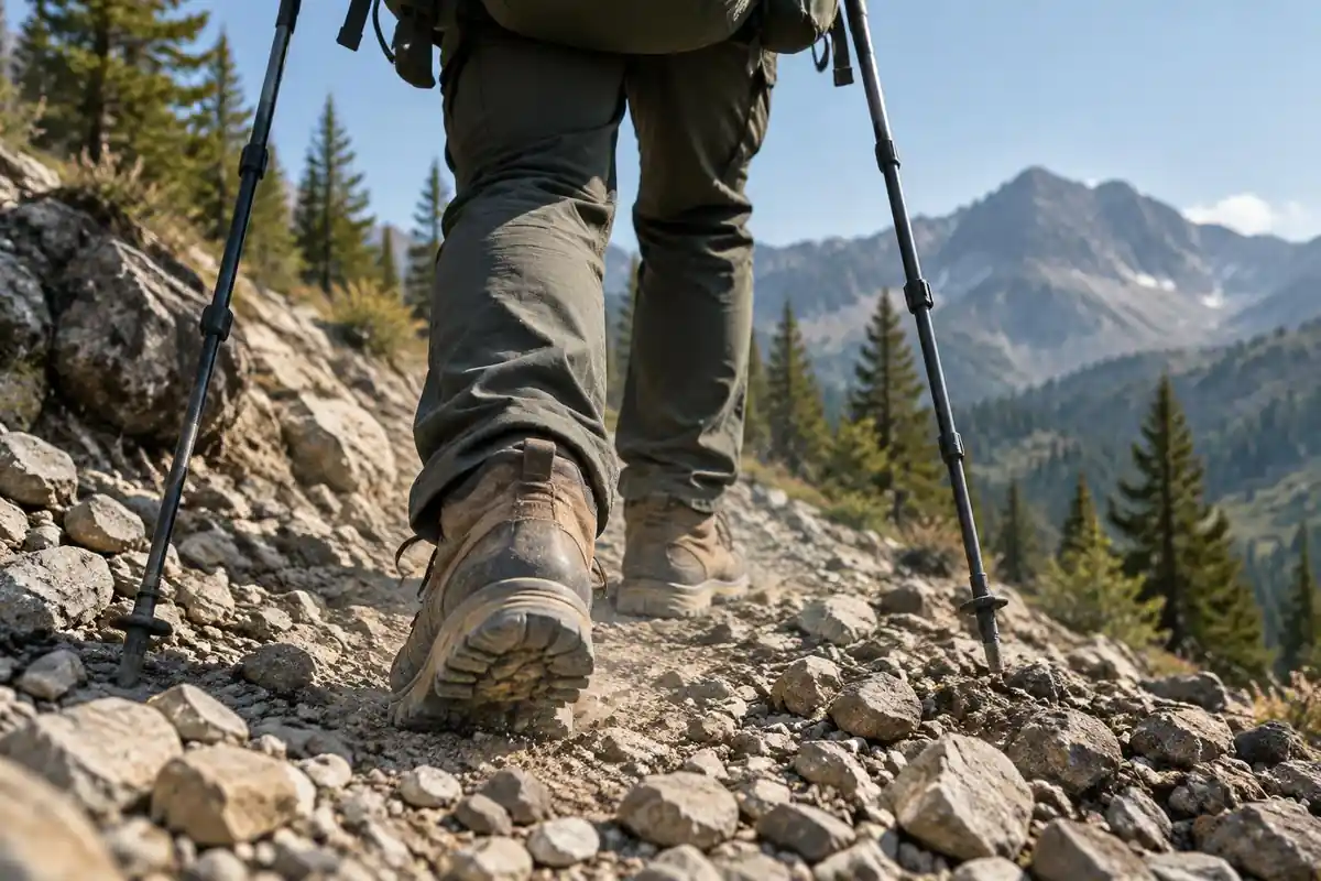 Hiker's boots on steep loose scree with poles planted, pack riding steady