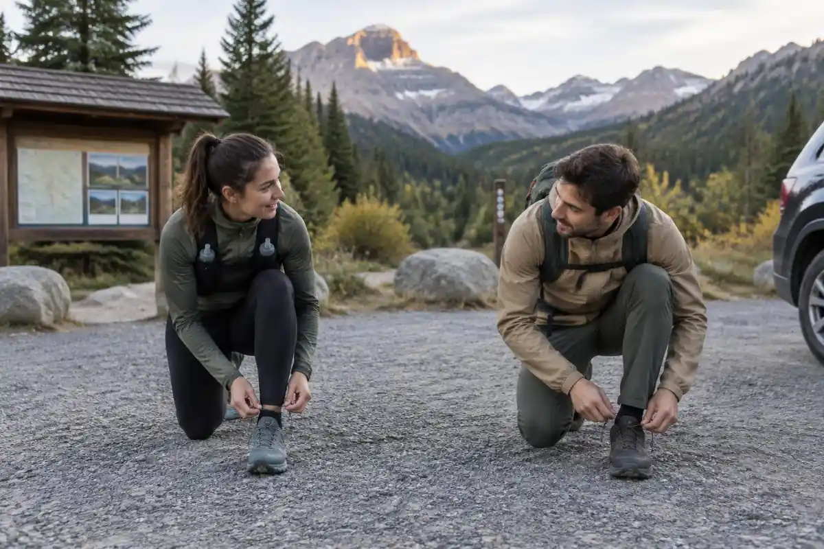 Hikers comparing a running vest and a small pack at a mountain trailhead