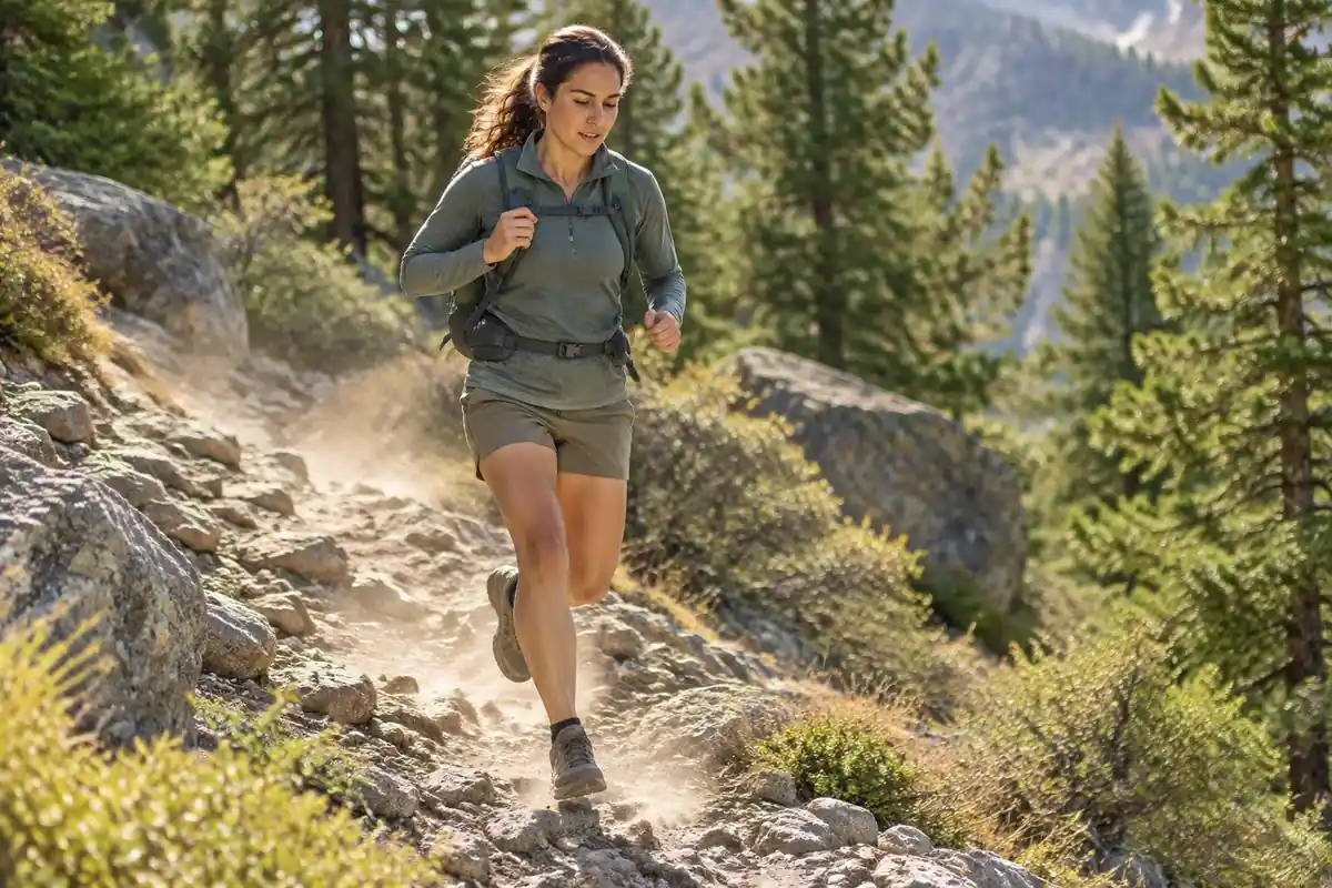 Hiker jogging downhill with a pack bouncing and holding the shoulder strap