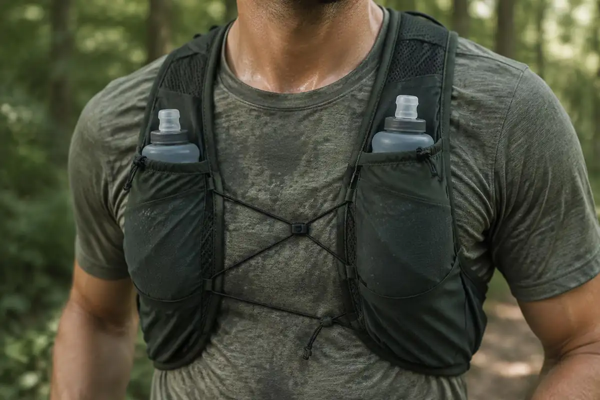 Close chest view of a running vest with soft flasks in front pockets