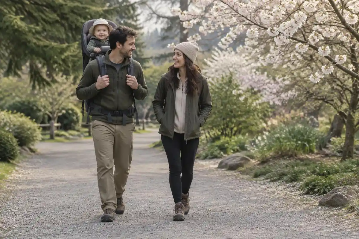 Parents walking a flat gravel path with an infant in a carrier and hat