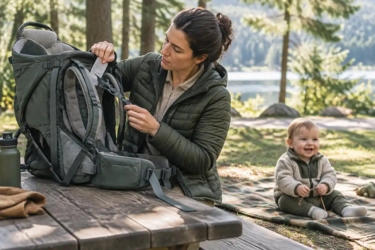 Parent reading a size tag on a carrier at a picnic table before the first hike