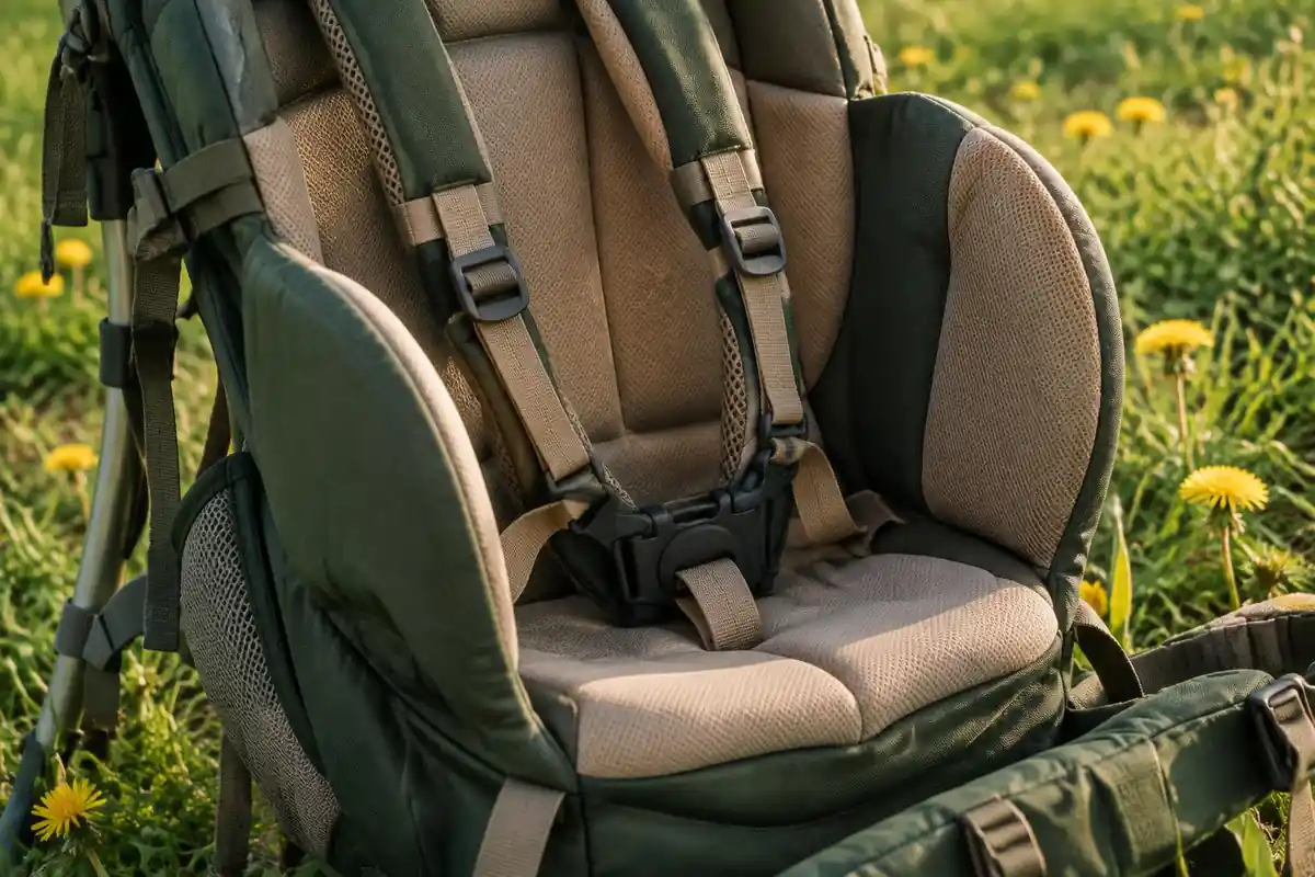 Padded head support and harness straps on an empty child carrier resting on grass
