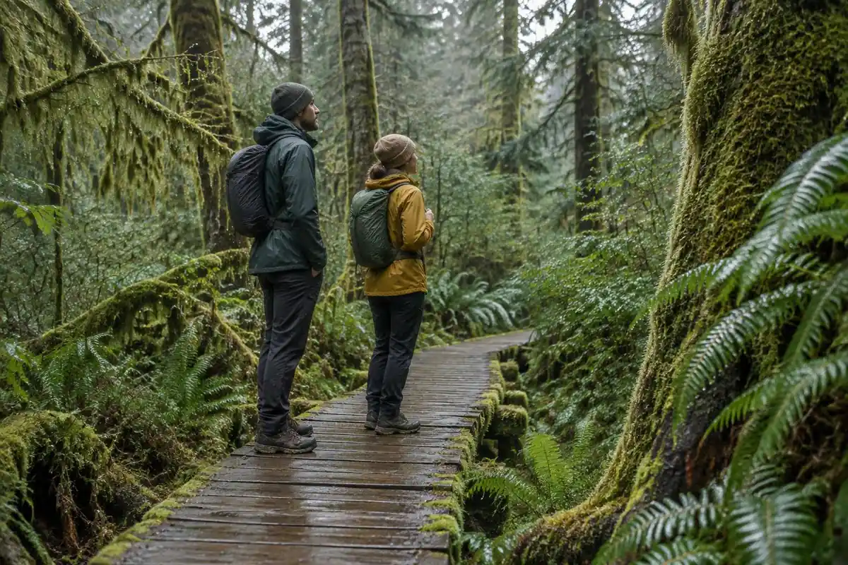Pair of hikers pausing on a wet forest boardwalk with slim packs cinched tight