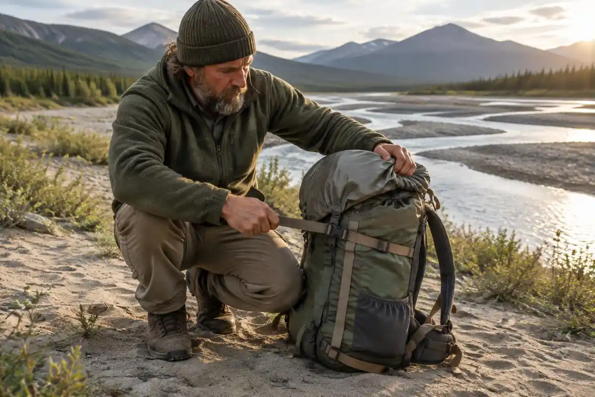 Man pulling a side strap tight on a half-empty pack beside a sandy river bend