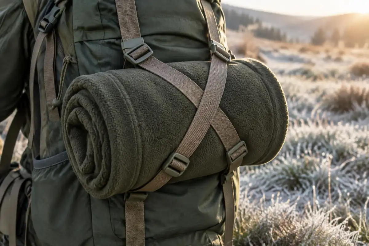 Close view of a rolled jacket held against a pack by two crossed straps