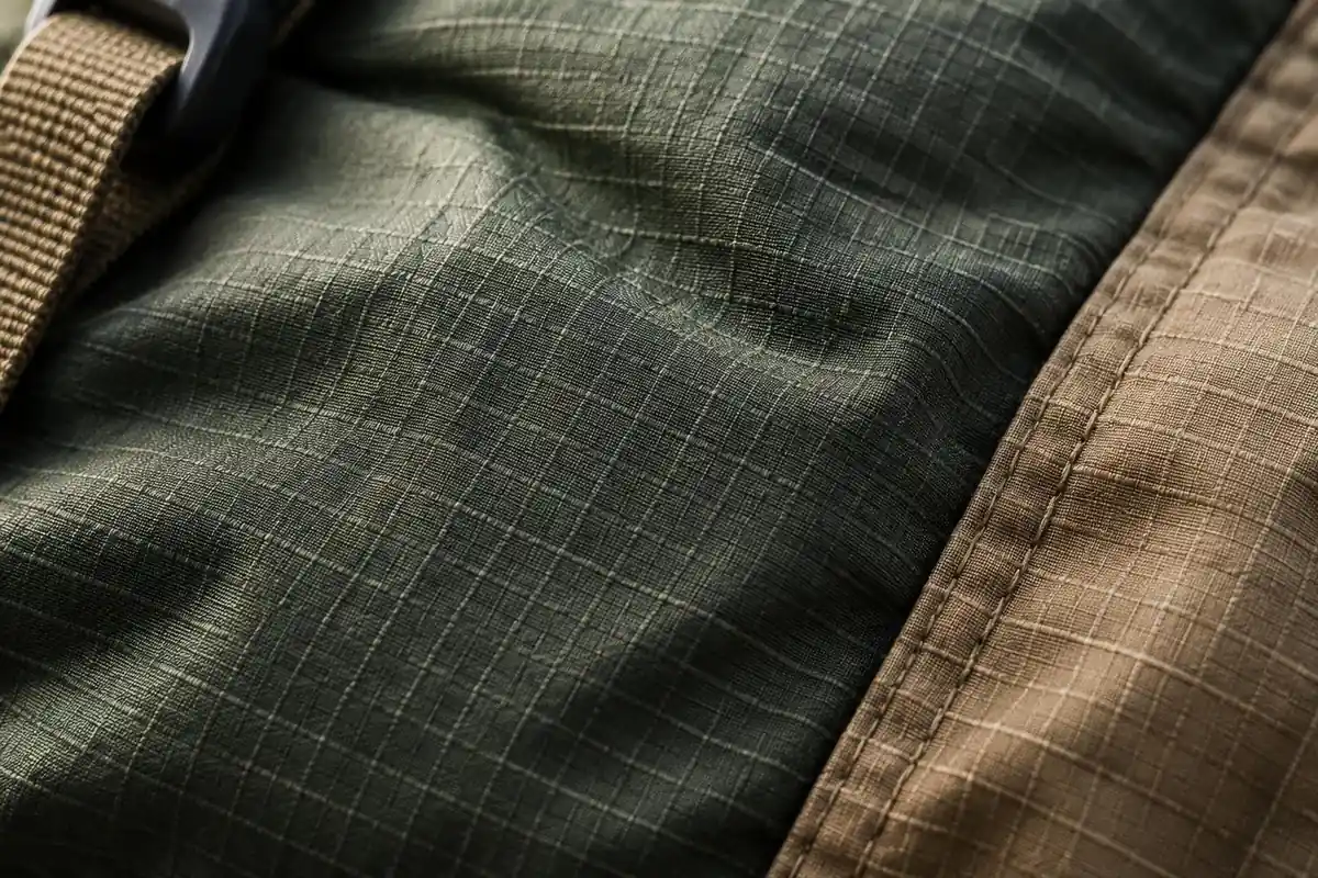 Macro of woven nylon pack fabric and ripstop grid lit at an angle