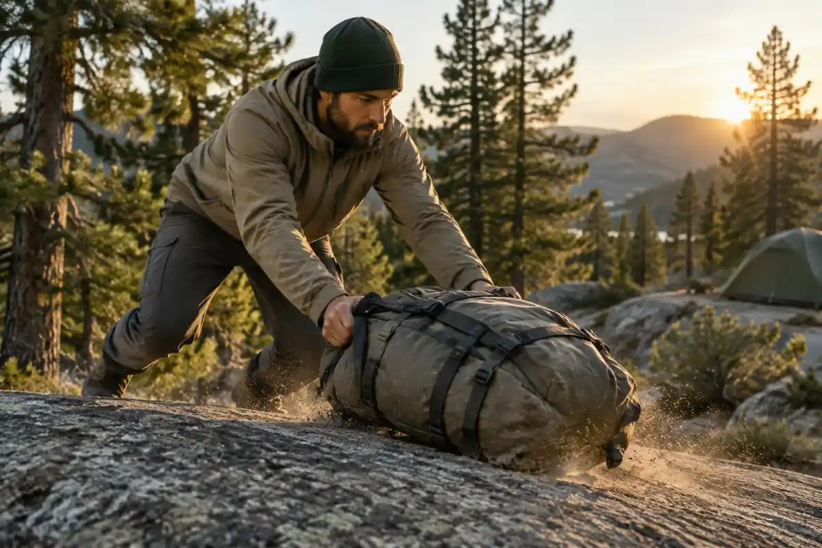 Man dragging his pack across rough granite as a scuff test in a camp