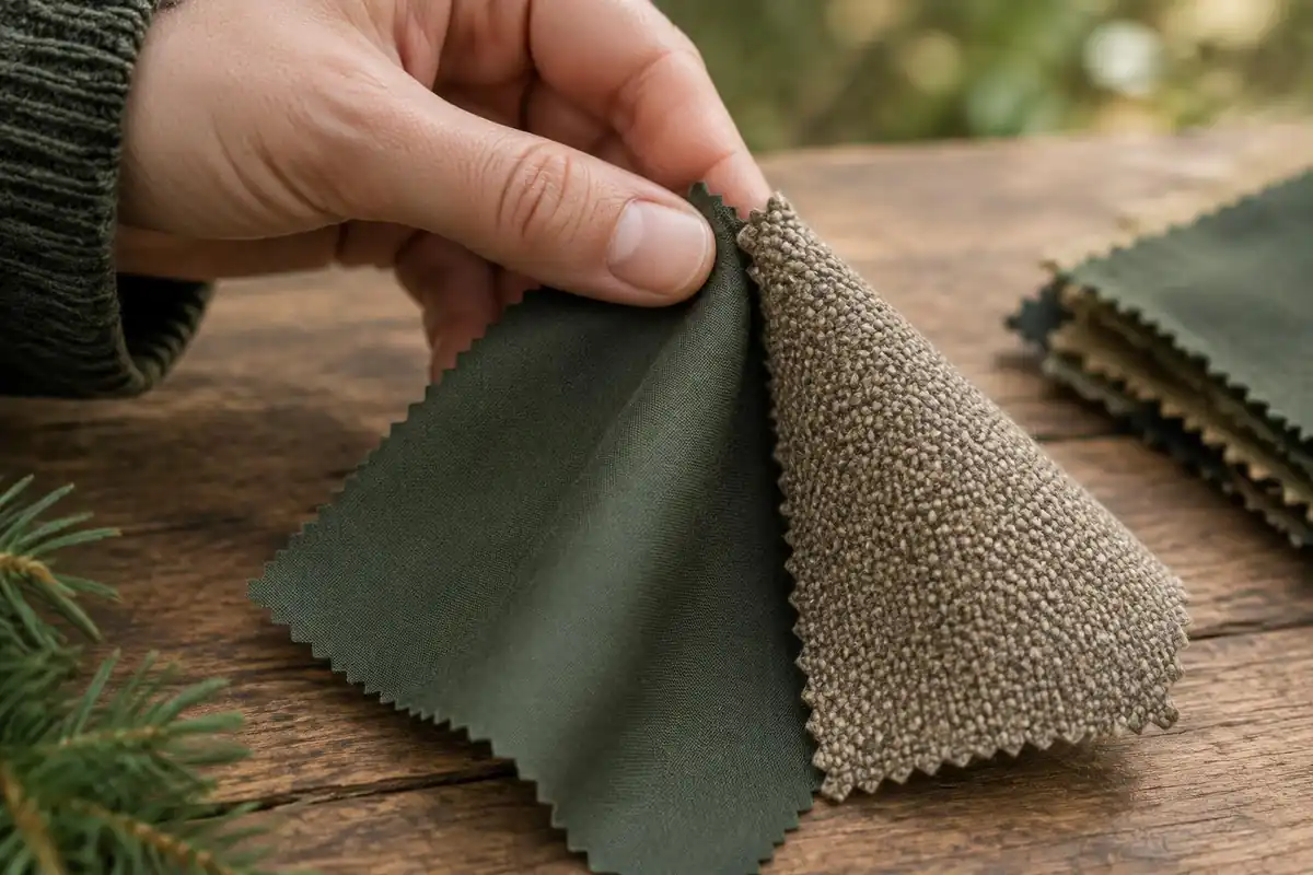 Two fabric swatches of different thickness pinched between fingers