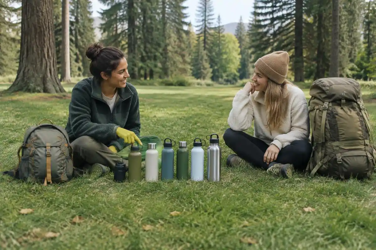 Two hikers holding water bottles up against pack sizes in a park
