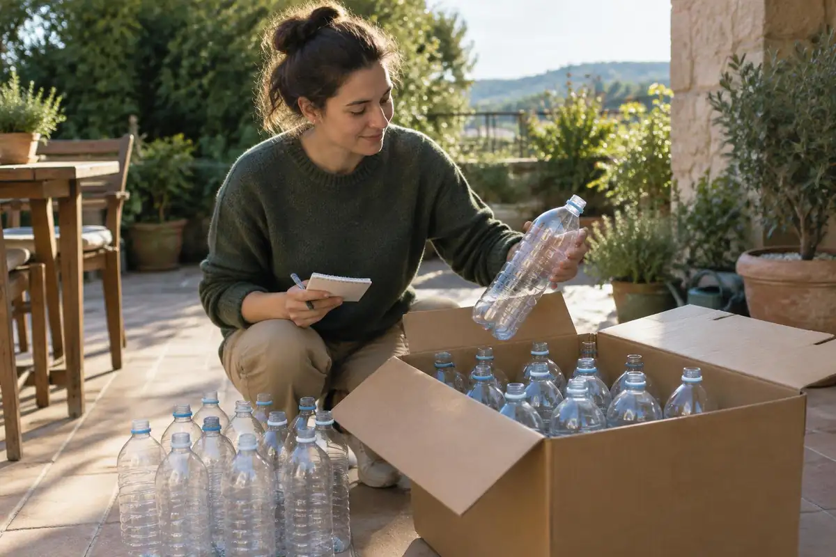 Person filling a pack with clear plastic bottles to gauge capacity