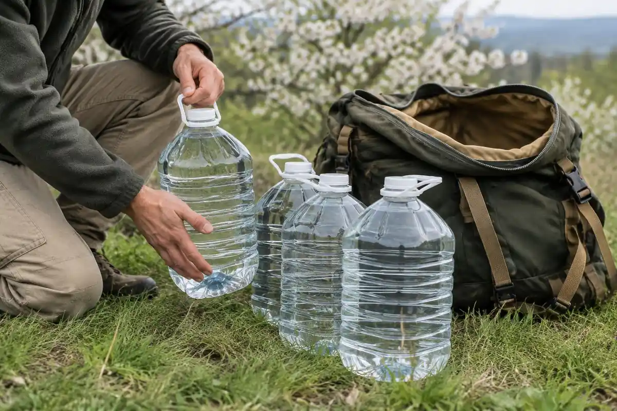 Stack of clear jugs beside an open pack on grass