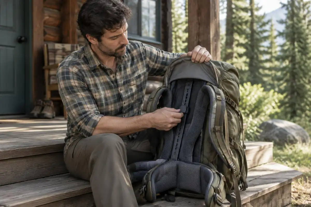Man sliding the shoulder harness up its hook-and-loop track
