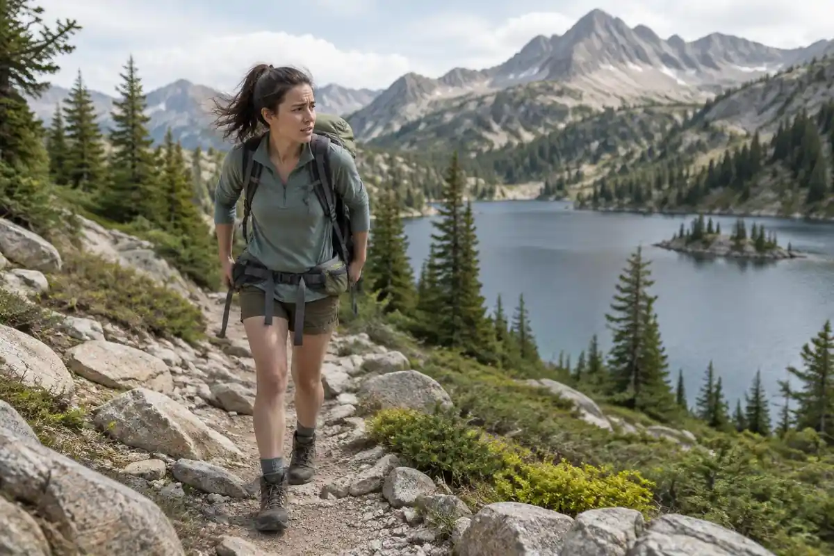Petite hiker on a rocky path with a pack that rides too low