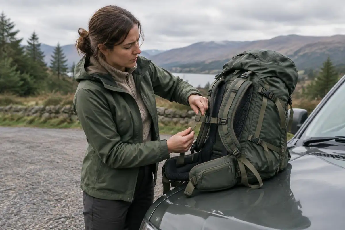 Woman shortening the torso adjuster on a pack on a car bonnet