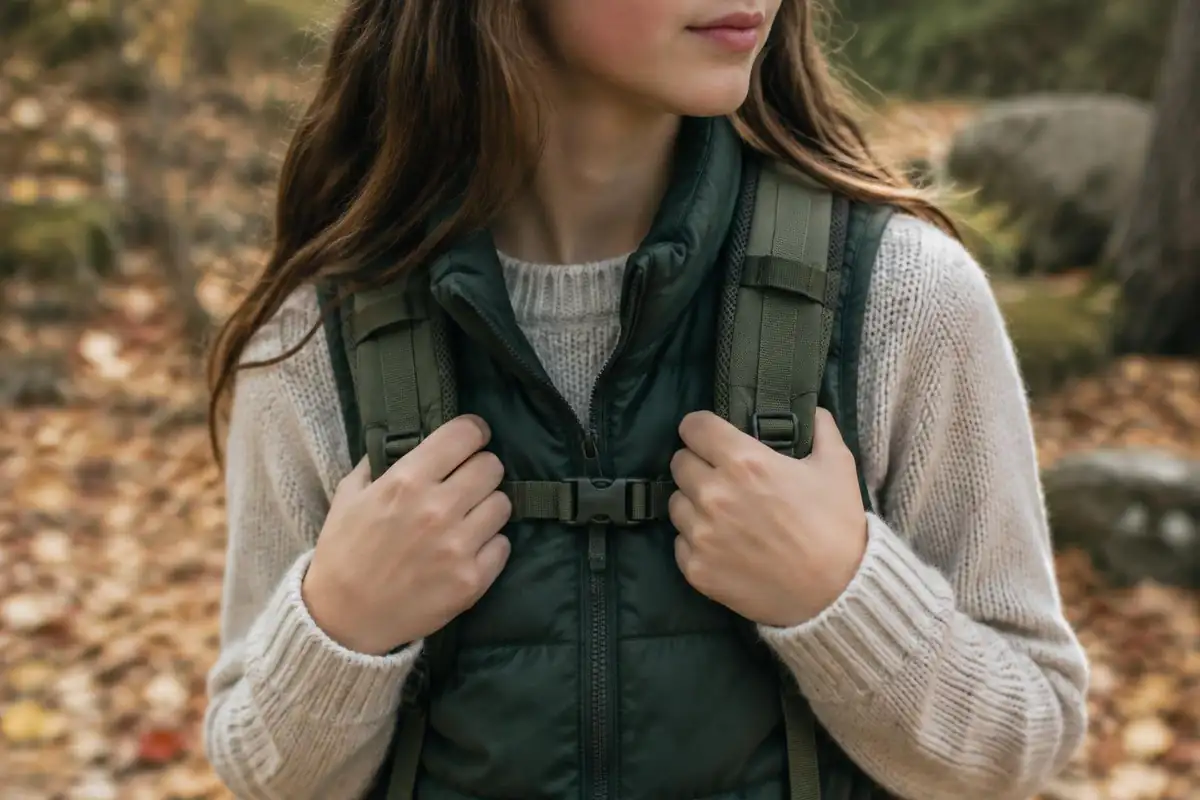 Small youth-size pack shoulder straps held by a teen's hands