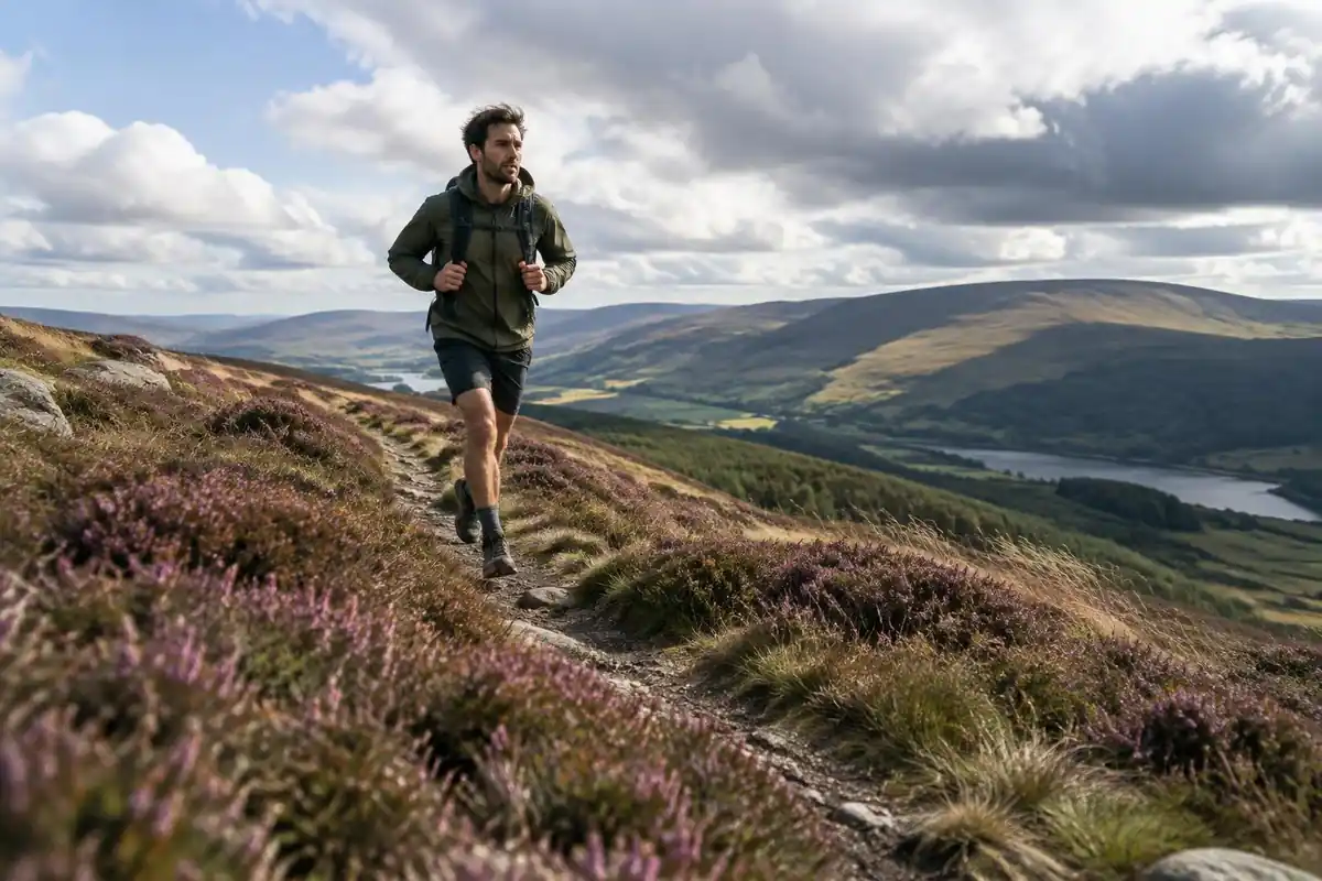 Ultralight-style hiker crossing a ridge with a slim pack