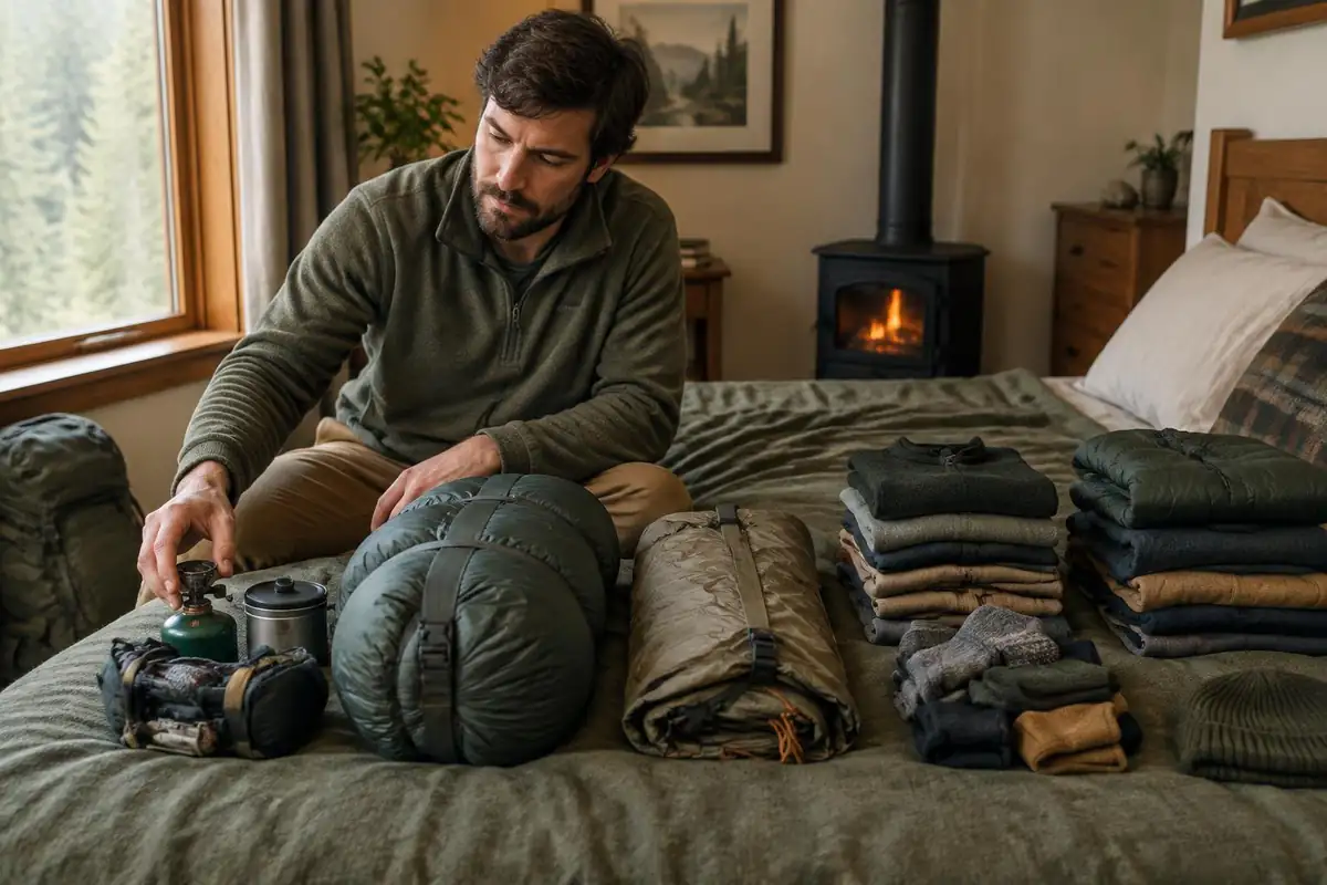 Man sorting kit into piles labelled by type on a bed