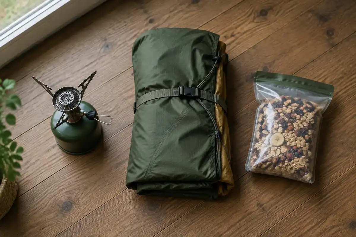 Stove and folded shelter and food bag as three separate piles
