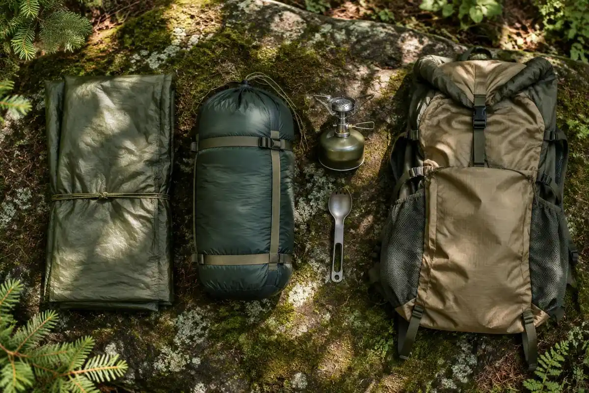 Overhead flat lay of shelter, sleep system, stove and pack on a mossy rock
