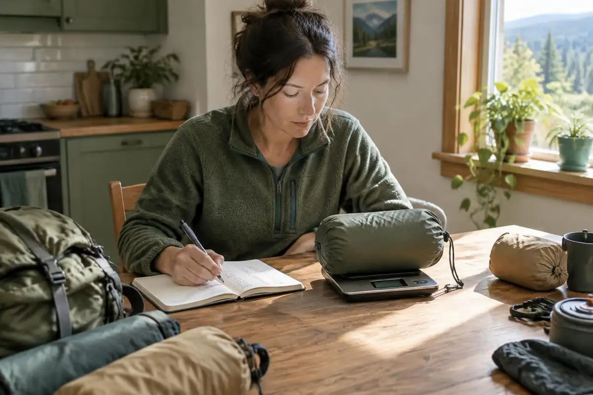 Woman writing a gear list in a notebook beside a small kitchen scale