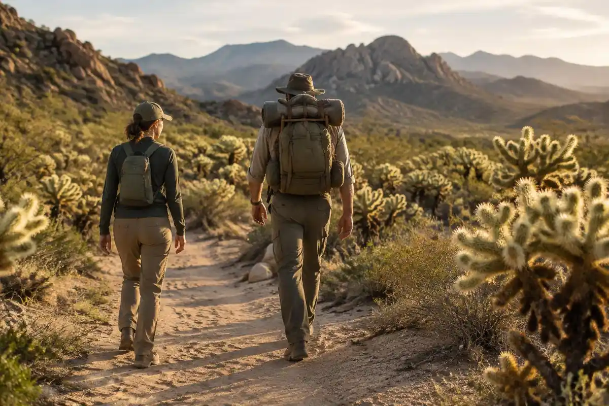 Ultralight hiker and heavy-pack hiker walking side by side on a trail