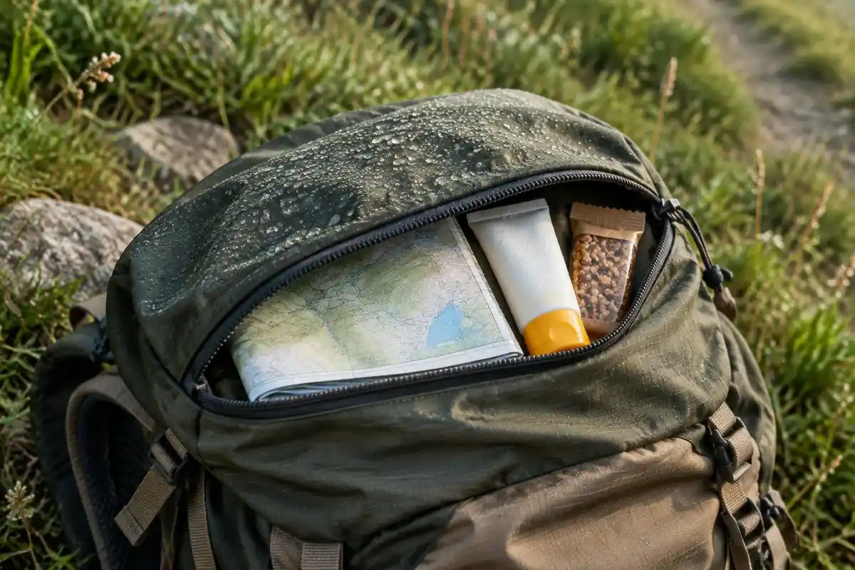 Top lid pocket of a pack open with map, sunscreen and snack bar inside