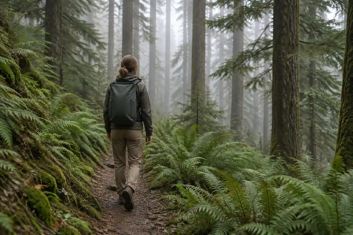 Backpacker on a trail with a sleek lidless pack against a wall of green ferns