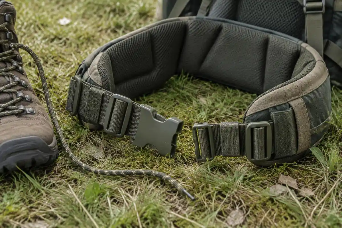 Padded hip belt lying open on grass with buckle and webbing adjusters