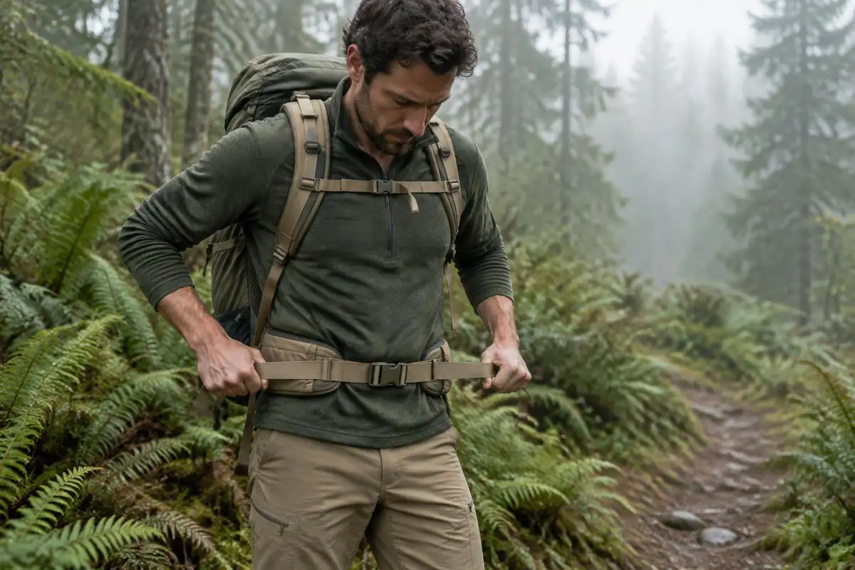 Man pulling hip belt straps forward to snug it around his waist on a trail