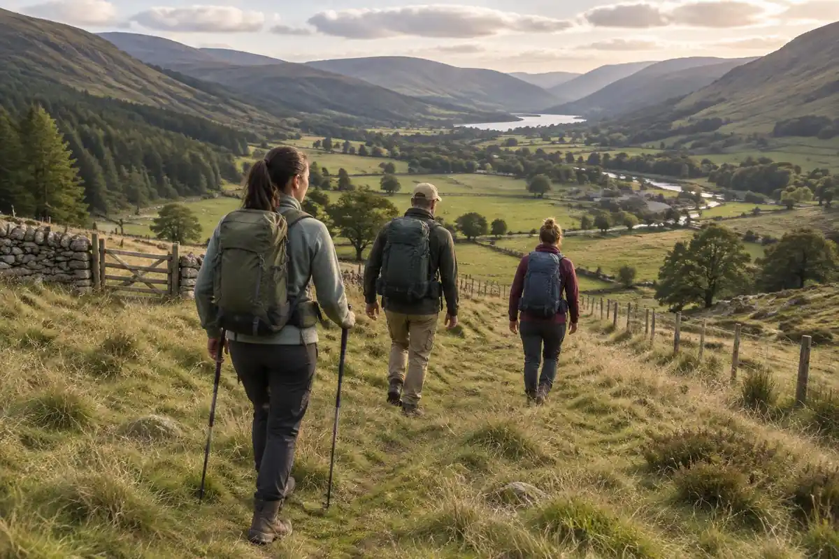 Hikers with hip belts fastened walking a long descent