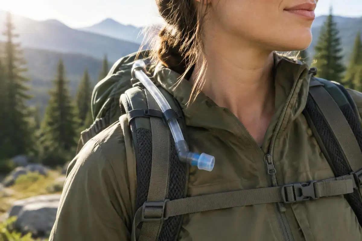 Water reservoir hose clipped to a shoulder strap on a hiker