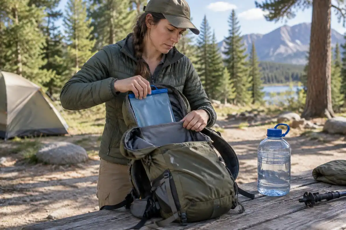 Hiker sliding a water bladder into a pack's back sleeve on a picnic table