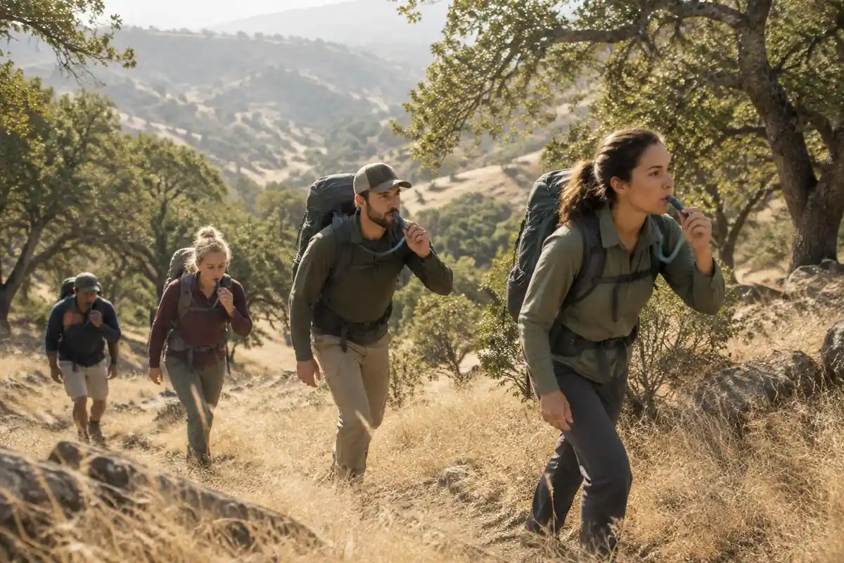 Group of hikers drinking on the move on a warm gentle uphill