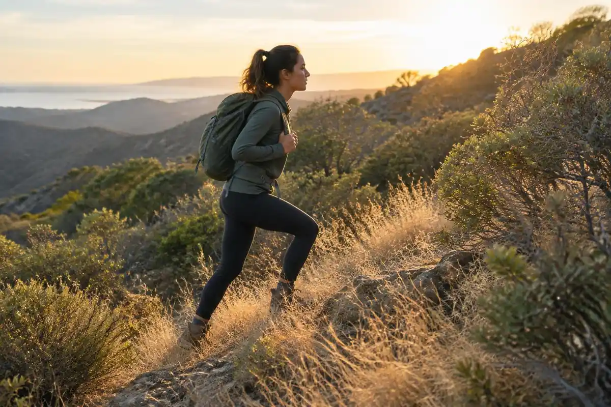 Hiker seen side-on climbing a scrubby hillside, pack sitting close to the back