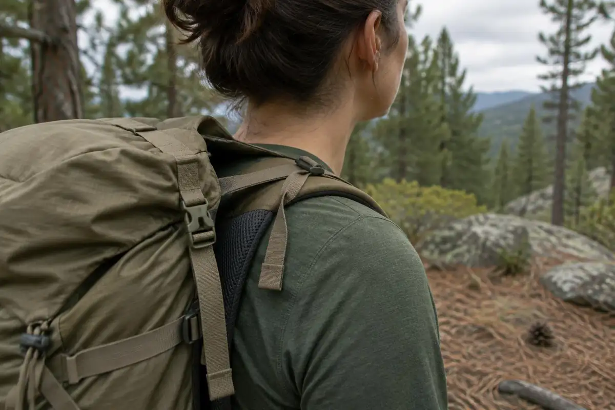 Backpack top leaning away from a shoulder in a loose slack fit