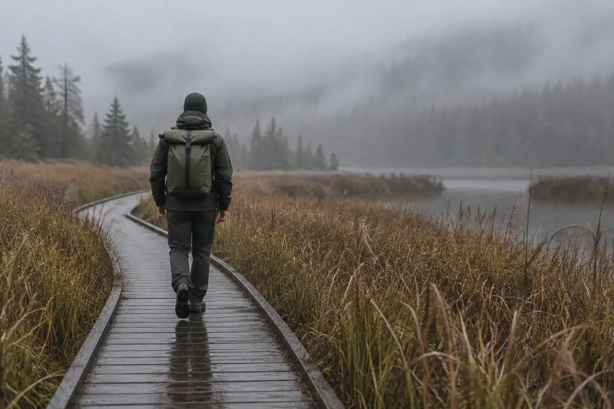 Hiker in heavy drizzle on a boardwalk with a roll-top pack