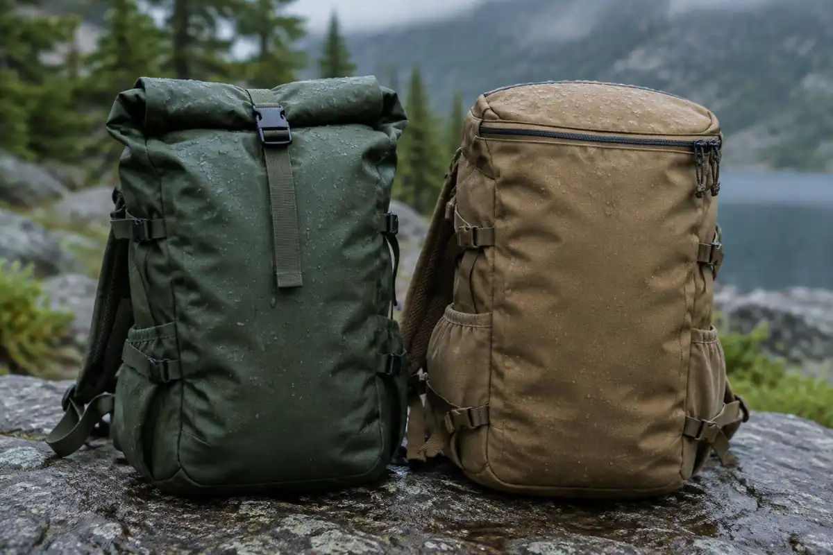 Roll-top closure compared with a zippered top on two packs on a rock