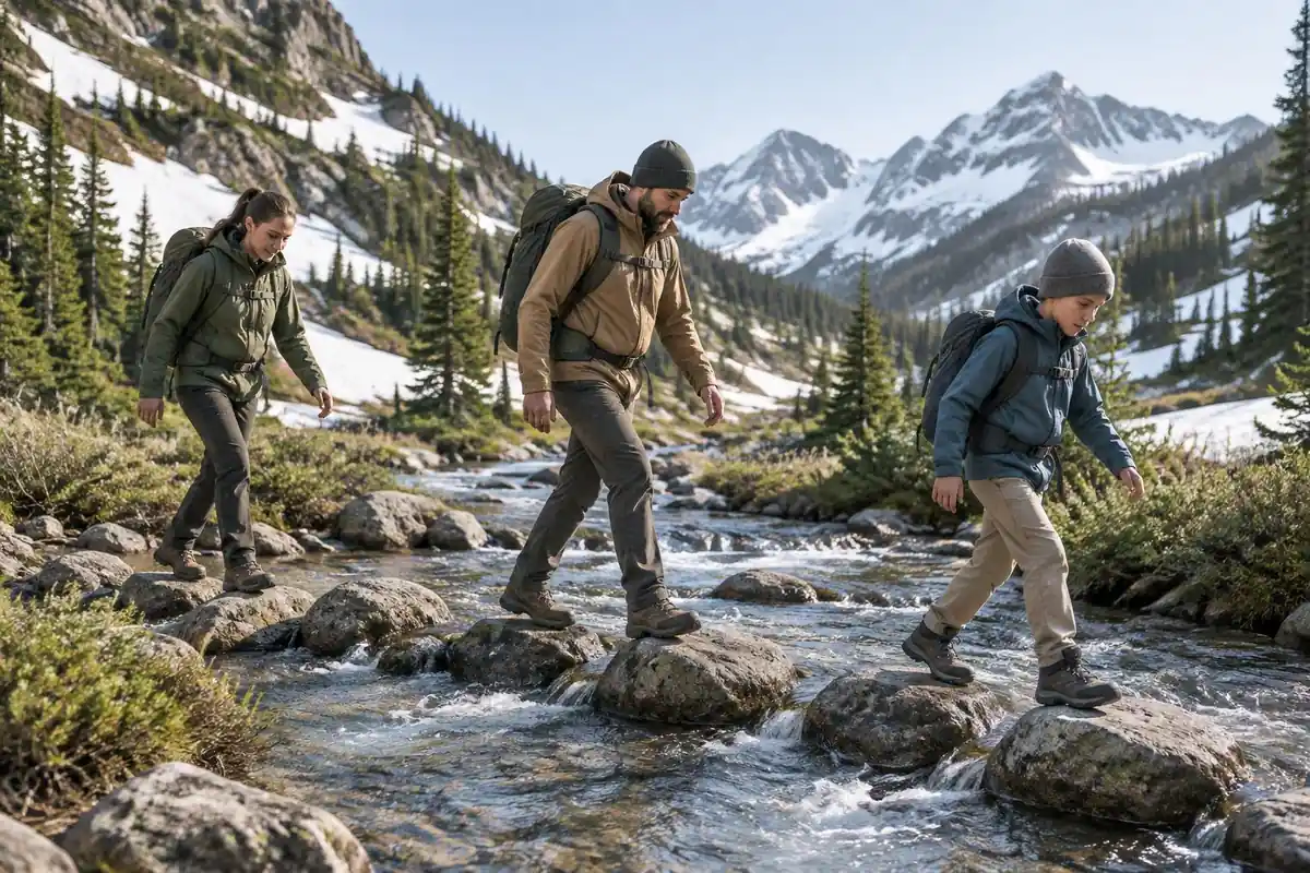 Three hikers crossing a meadow stream stepping stones with chest straps clipped