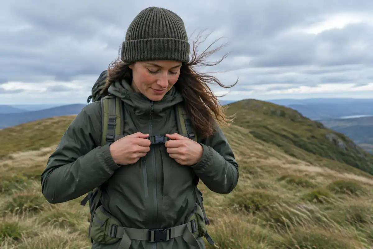 Woman clipping a small buckle across her chest at a windy saddle