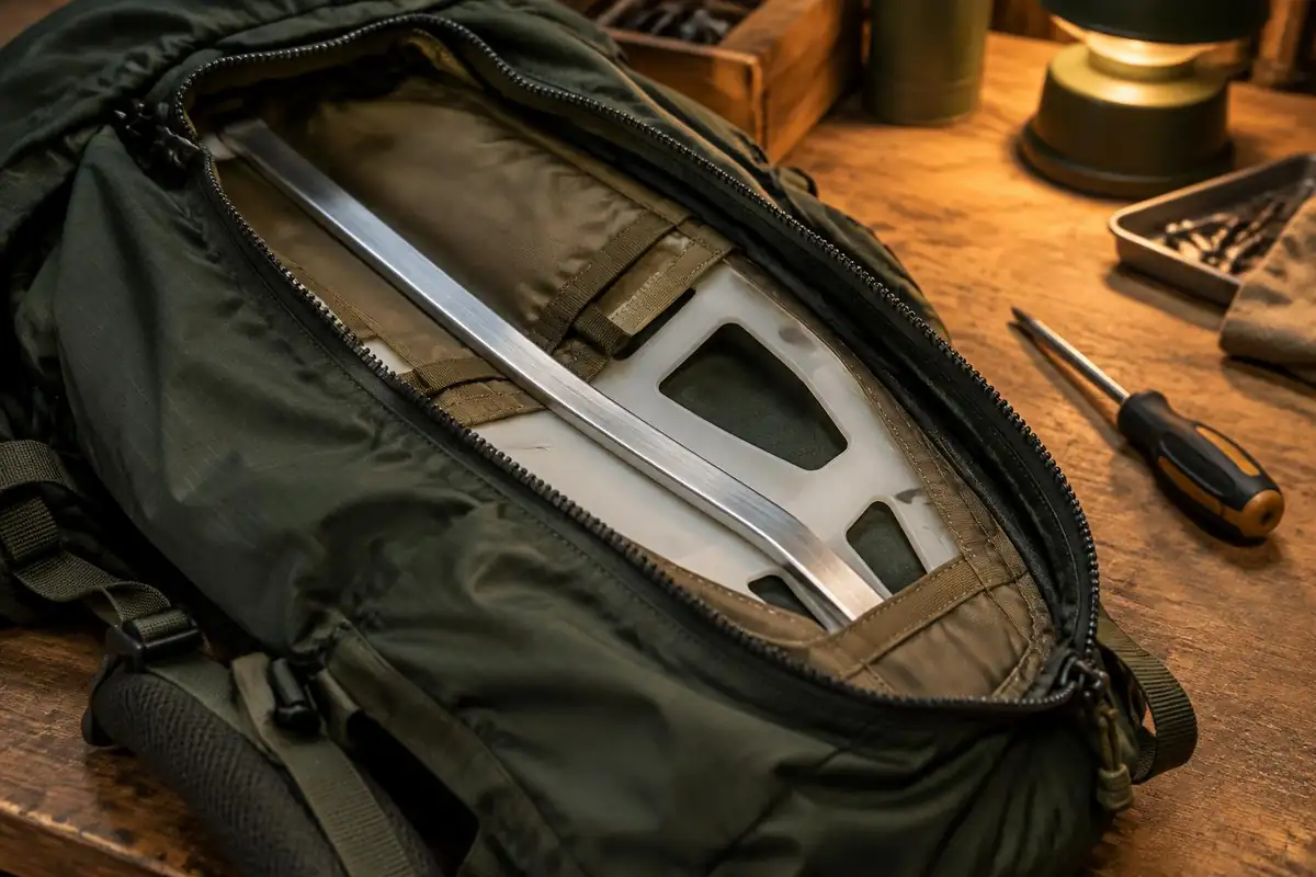 Exposed aluminum stay and frame sheet inside an unzipped pack panel