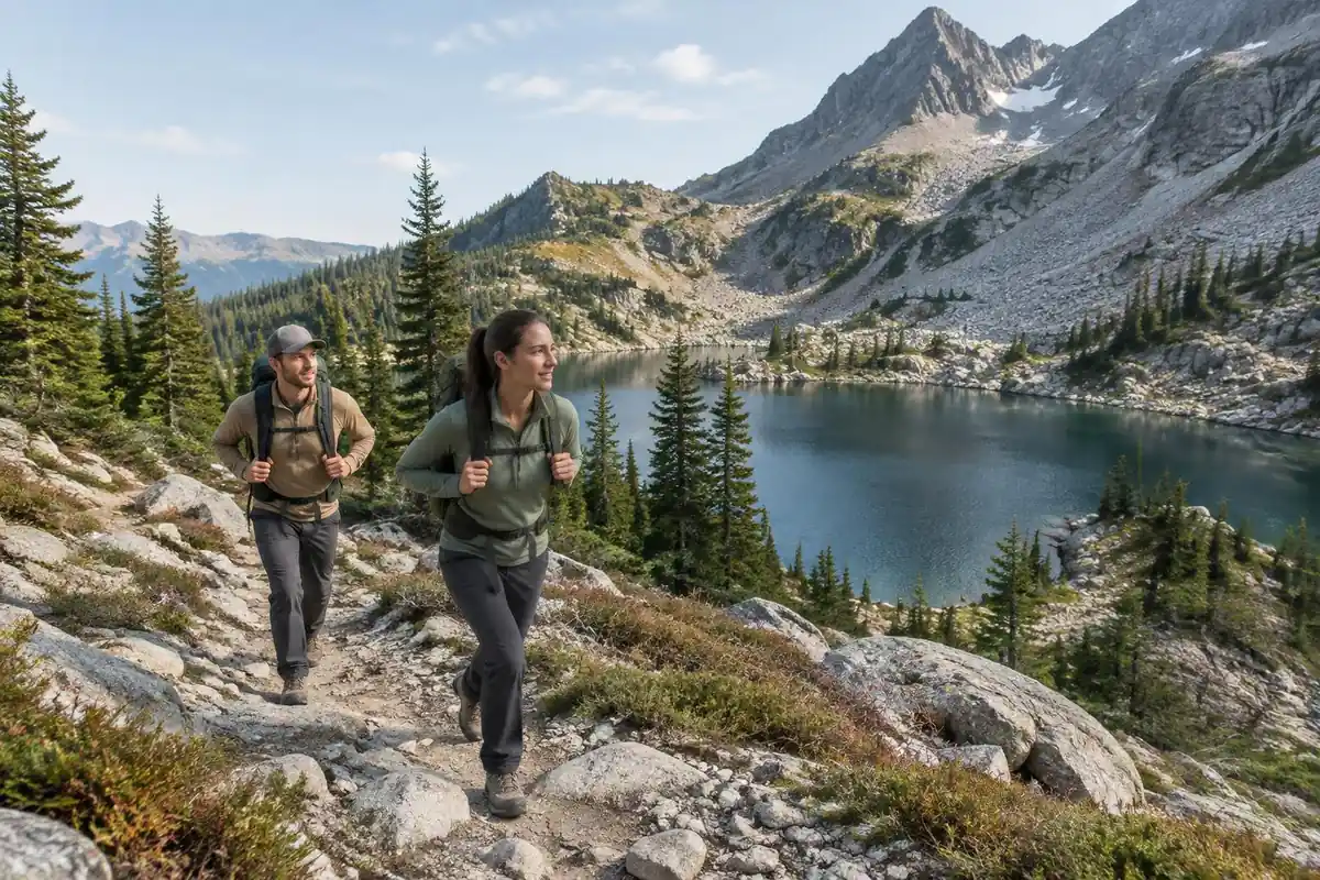 Backpackers hiking a rocky trail with slim internal-frame packs hugging their backs