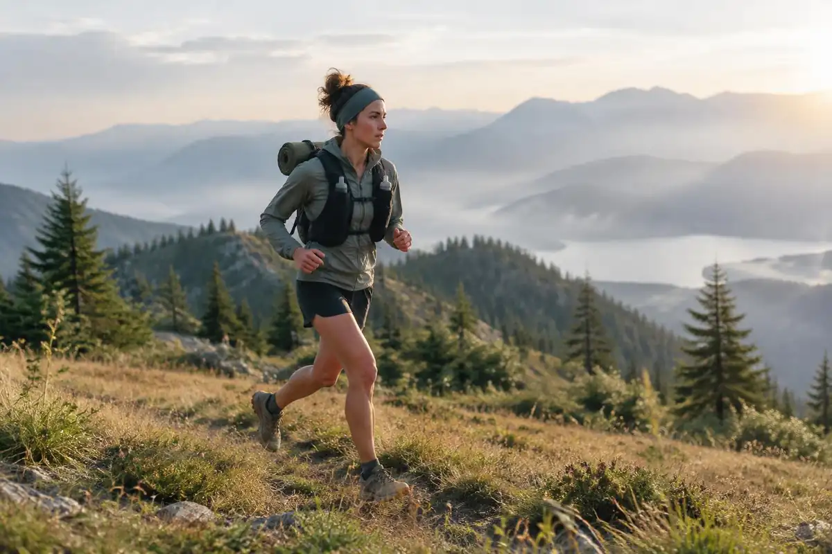 Runner in a running vest crossing a ridge with a tiny overnight kit