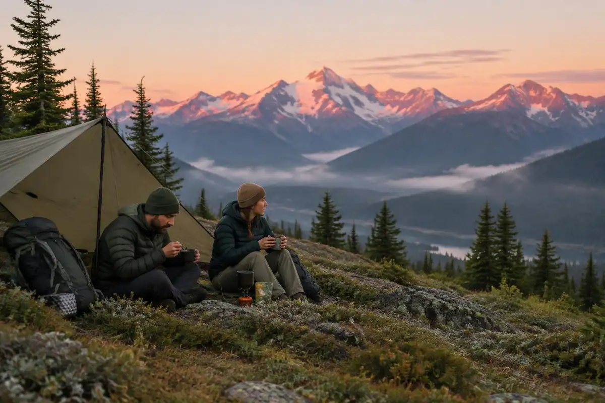 Two fastpackers resting beside a tarp shelter on a high bench at dawn